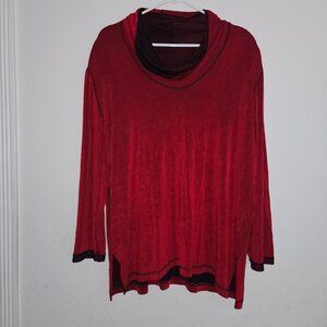 Vikki Vi Red Black Shirt Slinky Acetate Size 2X Cowl Neck Long Sleeves Traveler